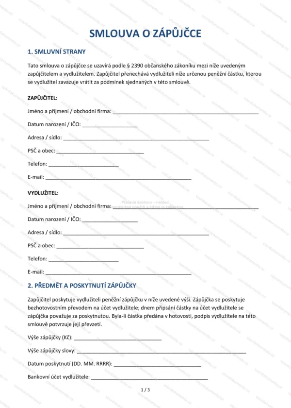 Smlouva o zápůjčce — Vzor Word & PDF
