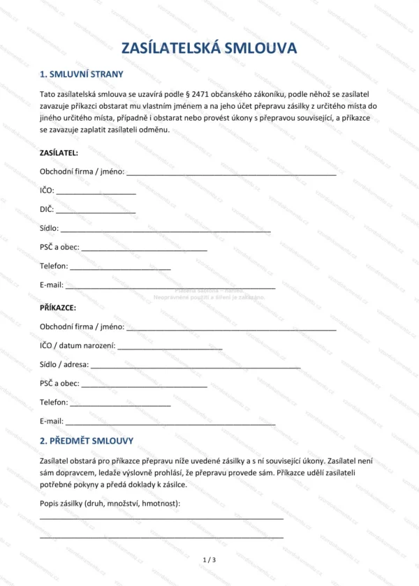 Smlouva o zasílatelství — Vzor Word & PDF