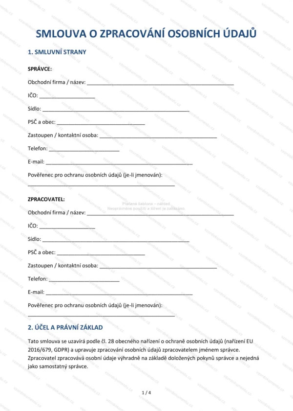 Smlouva o zpracování osobních údajů (DPA) — Vzor Word & PDF