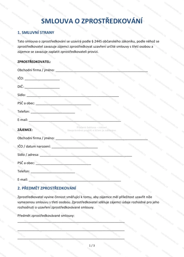 Smlouva o zprostředkování — Vzor Word & PDF