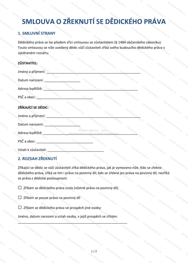 Smlouva o zřeknutí se dědického práva — Vzor Word & PDF