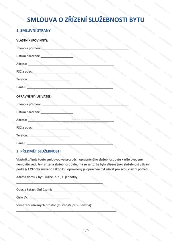 Smlouva o zřízení služebnosti bytu — Vzor Word & PDF