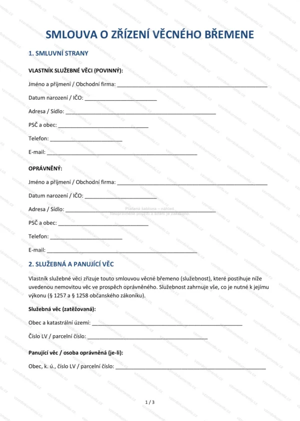 Smlouva o zřízení věcného břemene — Vzor Word & PDF