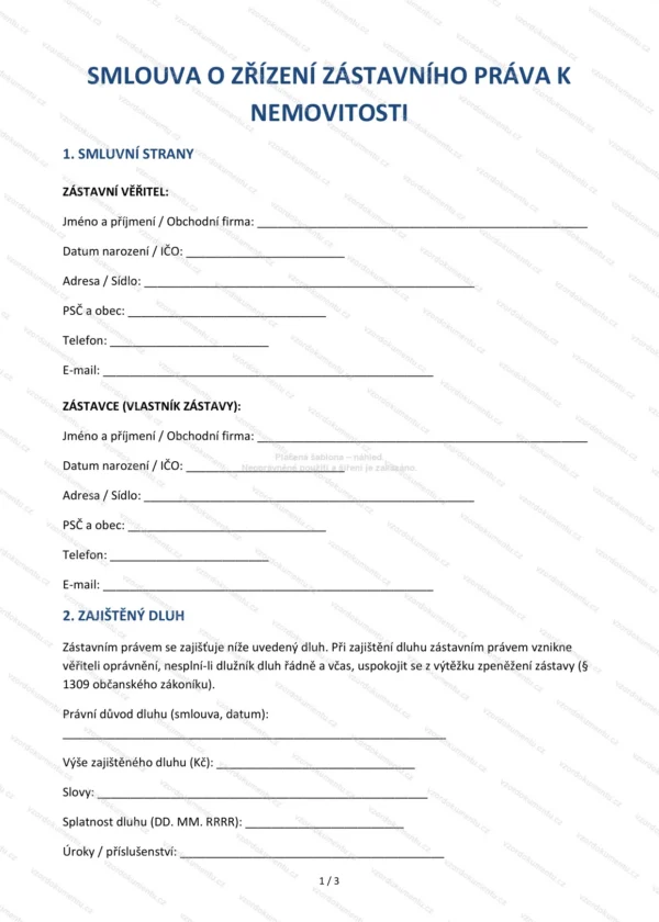Smlouva o zřízení zástavního práva k nemovitosti — Vzor Word & PDF