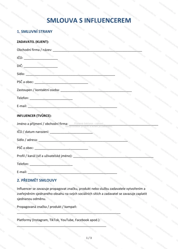 Smlouva s influencerem — Vzor Word & PDF