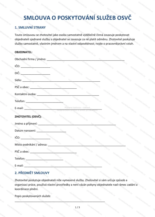 Smlouva s osobou samostatně výdělečně činnou (OSVČ) — Vzor Word & PDF