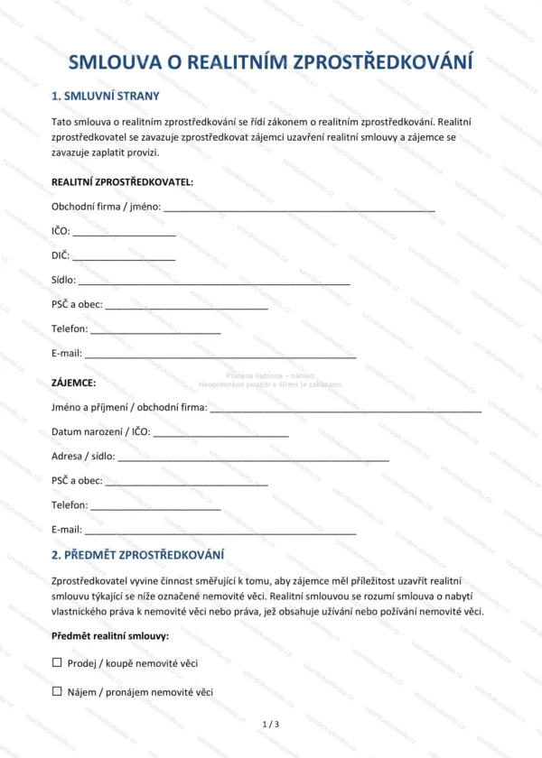 Smlouva s realitním zprostředkovatelem — Vzor Word & PDF