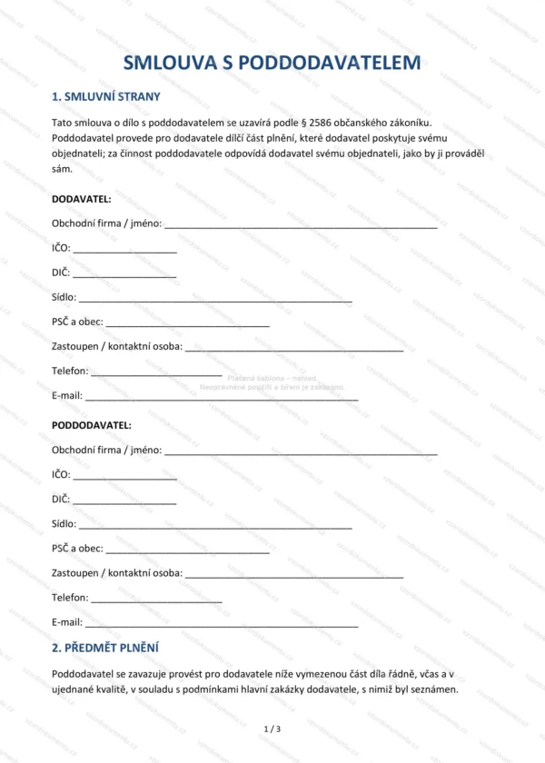 Smlouva se subdodavatelem — Vzor Word & PDF