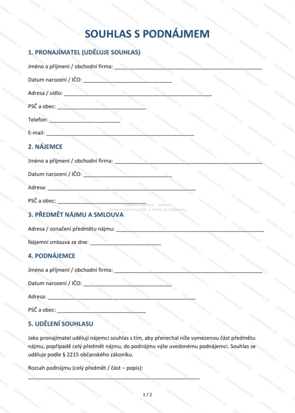 Souhlas s podnájmem — Vzor Word & PDF