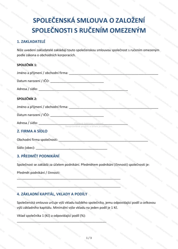 Společenská smlouva o založení s.r.o. — Vzor Word & PDF