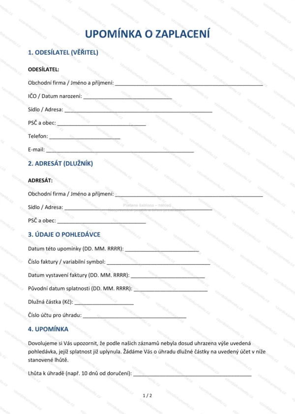 Upomínka o zaplacení — Vzor Word & PDF