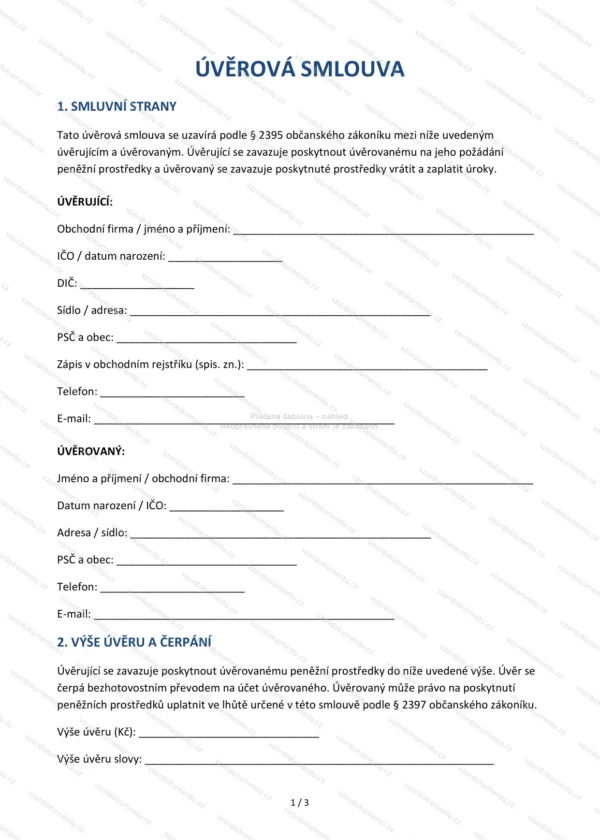 Úvěrová smlouva — Vzor Word & PDF
