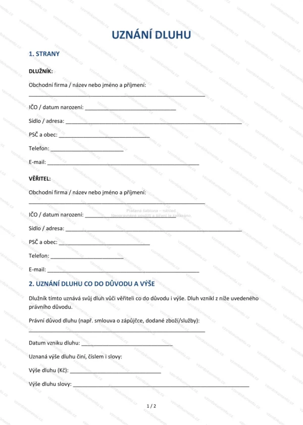 Uznání dluhu — Vzor Word & PDF