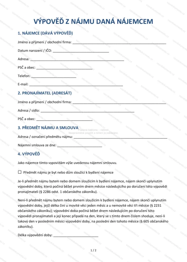 Výpověď z nájmu daná nájemcem — Vzor Word & PDF
