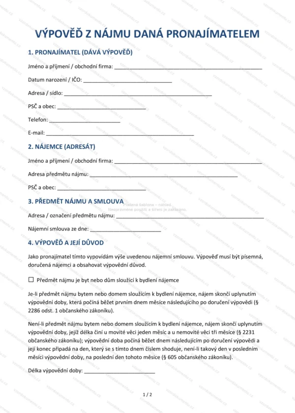 Výpověď z nájmu daná pronajímatelem — Vzor Word & PDF