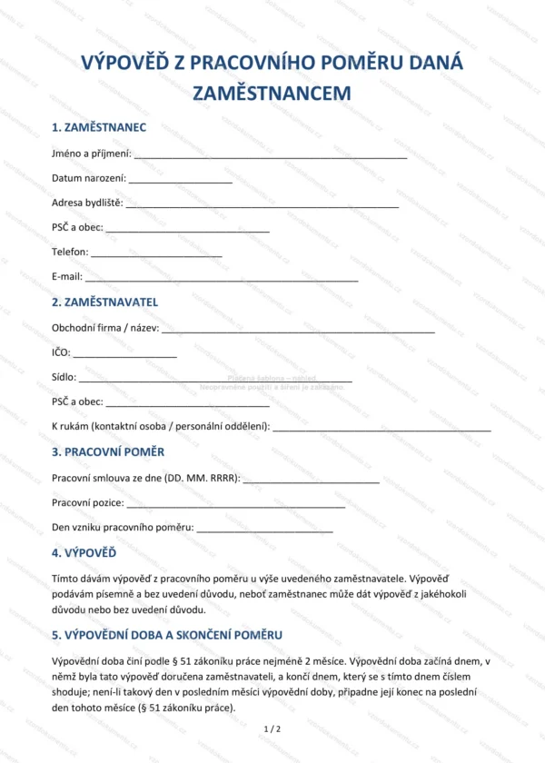 Výpověď z pracovního poměru daná zaměstnancem — Vzor Word & PDF