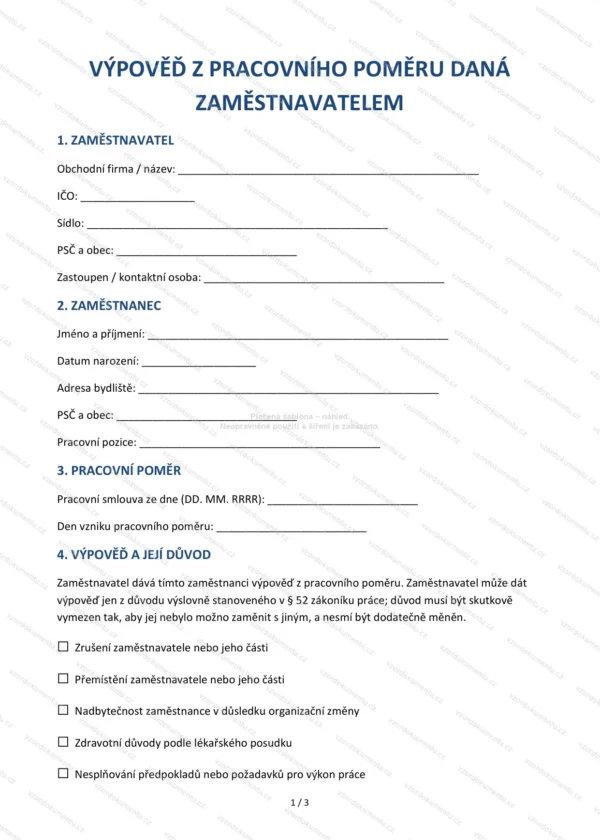 Výpověď z pracovního poměru daná zaměstnavatelem — Vzor Word & PDF