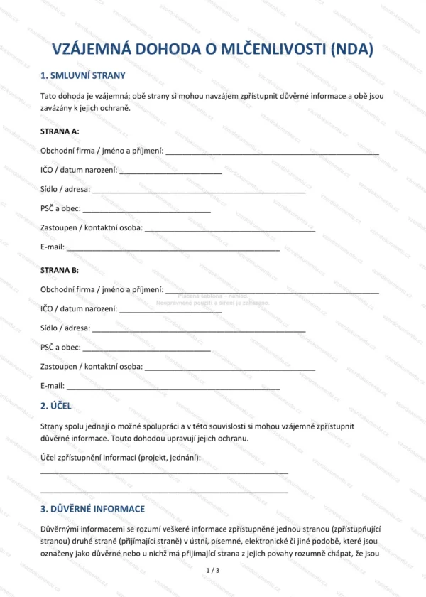 Vzájemná dohoda o mlčenlivosti (NDA) — Vzor Word & PDF