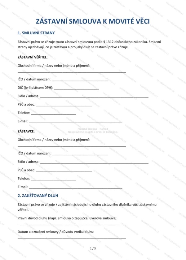 Zástavní smlouva k movité věci — Vzor Word & PDF