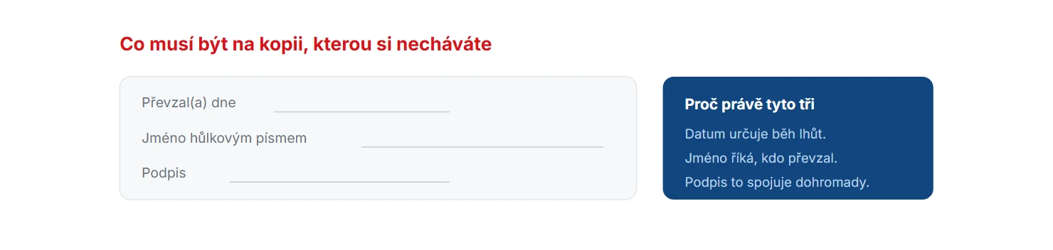 Potvrzení převzetí na druhém výtisku
